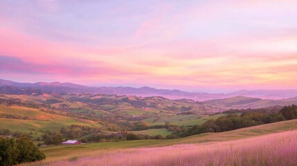Serene American Countryside Landscape at Sunset with Farm in Valley and Rolling Hills - Ultra-Detailed, Cinematic Light