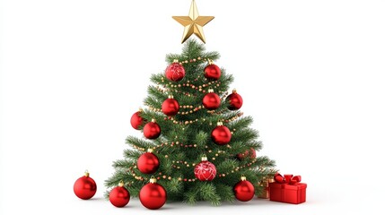 green christmas tree  with red ornaments isolated on white