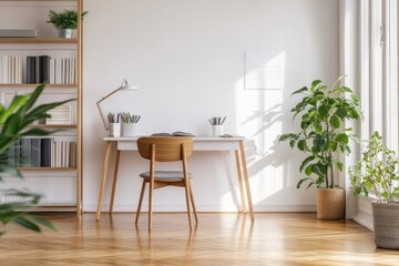 Fototapeta premium Minimalist home office with wooden desk, chair, bookcase, and plants in a sunlit room.