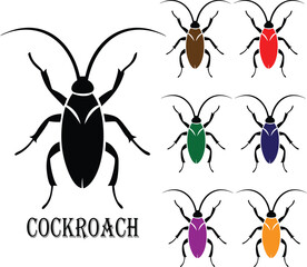 Isolated cockroach icon on white background. Black insect silhouette with multi color design.