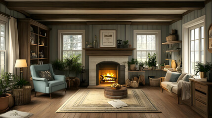 Cozy living room with a fireplace and natural decor.