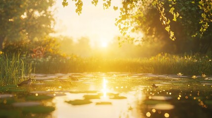 Tranquil American Countryside Sunset - Ducks Gliding on Peaceful Pond with Lily Pads, Serene Atmosphere, Ultra-Detailed Cinematic Light