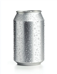 Can of soda is sitting on a white background. Aluminum can with water drops