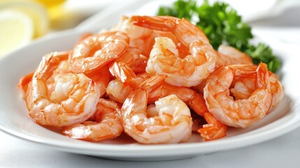 Fresh Cooked Shrimp on White Plate with Garnish