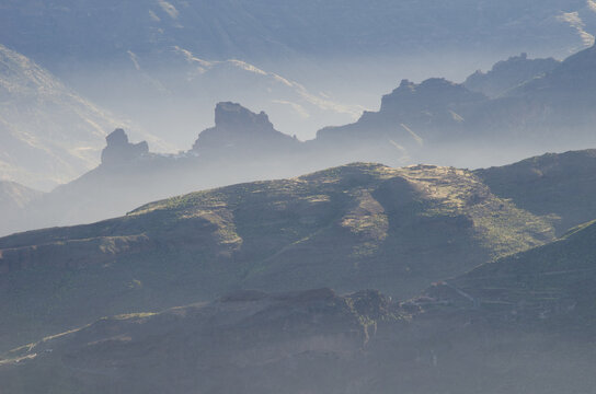 Landscape in The Nublo Rural Park with the village of El Espinillo. Tejeda. Gran Canaria. Canary Islands. Spain.