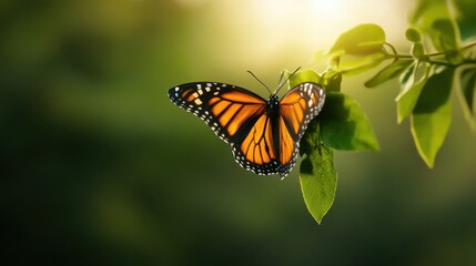 Obraz premium Monarch Butterfly on Green Leaf with Sunlit Background