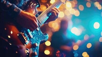 Fototapeta premium Guitar Performance with Colorful Bokeh Background