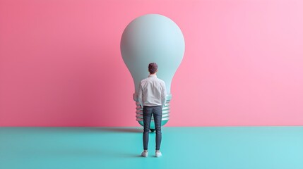 Obraz premium Creative concept of a person with a giant light bulb idea