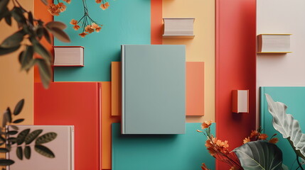 Creative composition of book layout on colorful abstract background. with plant leaves. Top view, flat lay, empty space for text. Template. Photo.