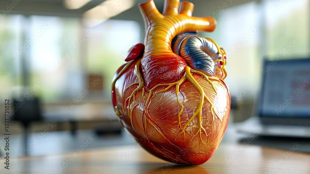 Poster rotating anatomical heart model displayed on a desk in a bright office setting