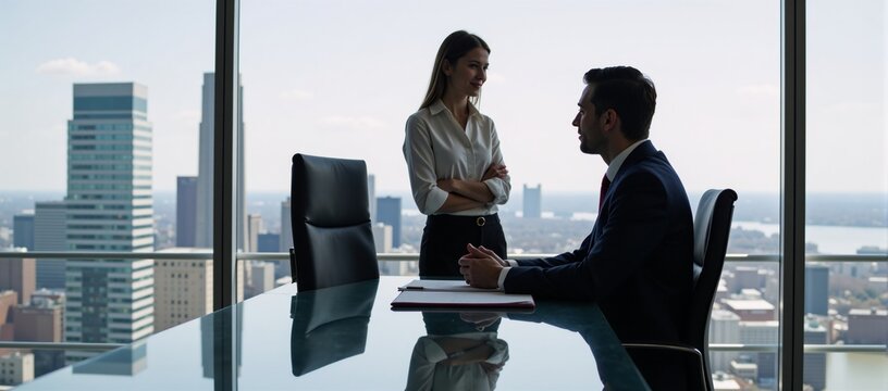 Employee requests guidance on career growth from supervisor against city skyline backdrop - Powered by Adobe