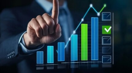 Business growth projection: A hand directs attention to a blue holographic bar chart indicating an upward trajectory