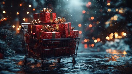shopping cart is brimming with shiny red gift boxes adorned with gold ribbons creating a joyful scene perfect for Black Friday shopping excitement in a festive ambiance.
