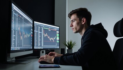 A hooded hacker performs stock analysis at his computer with market data displayed on a nearby phone