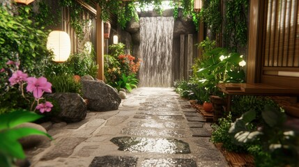 Fototapeta premium Tranquil Garden Path with Waterfall and Lush Foliage