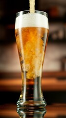 Close-up of beer pouring into pint , freeze motion.