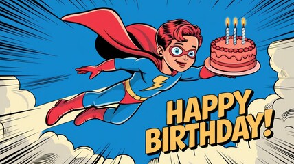 Superhero delivering birthday cake in comic style