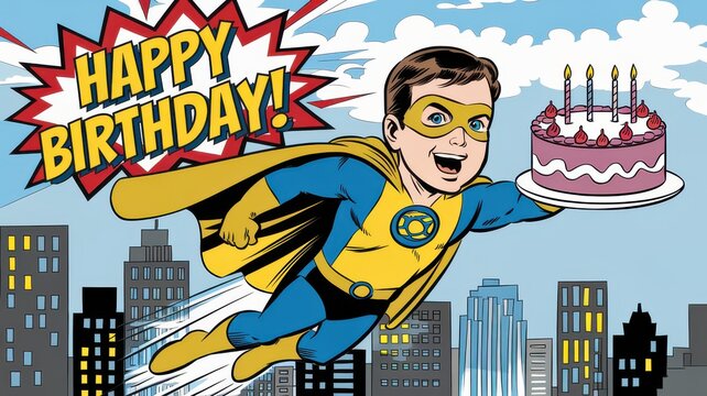 Superhero delivering birthday cake in city comic scene
