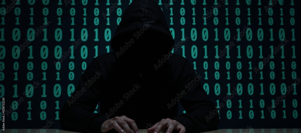 Wall mural a hooded criminal silhouetted while hacking on binary code background cybercrime concept