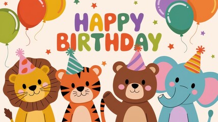Naklejka premium Cute animals celebrating birthday with balloons and hats 