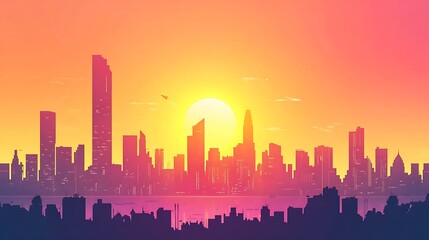 Obraz premium Sunset cityscape with skyscrapers and water.