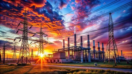 Electric Power Transmission Lines and High Voltage Switchgear at a Power Plant