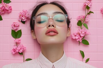 Beautiful young woman with glasses posing with eyes closed on pink floral background