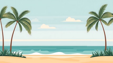 Fototapeta premium Two palm trees on a beach with blue ocean and sky.