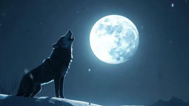 A lone wolf howls at the full moon in a snowy landscape.