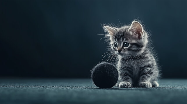 gray kitten playing with black ball of wool