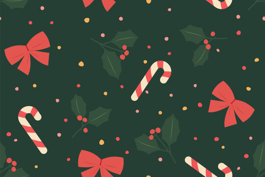 christmas seamless pattern with christmas candy cane, red bows, holly berries and colorful dots; great for wrapping, greeting cards, social media graphics- vector illustration