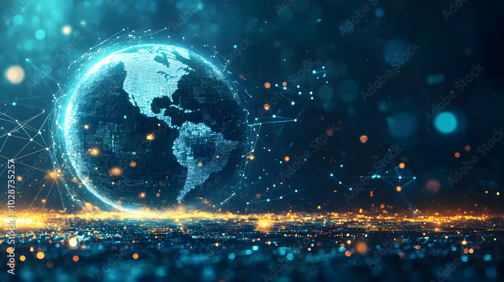 Poster a digital representation of earth with interconnected data points.