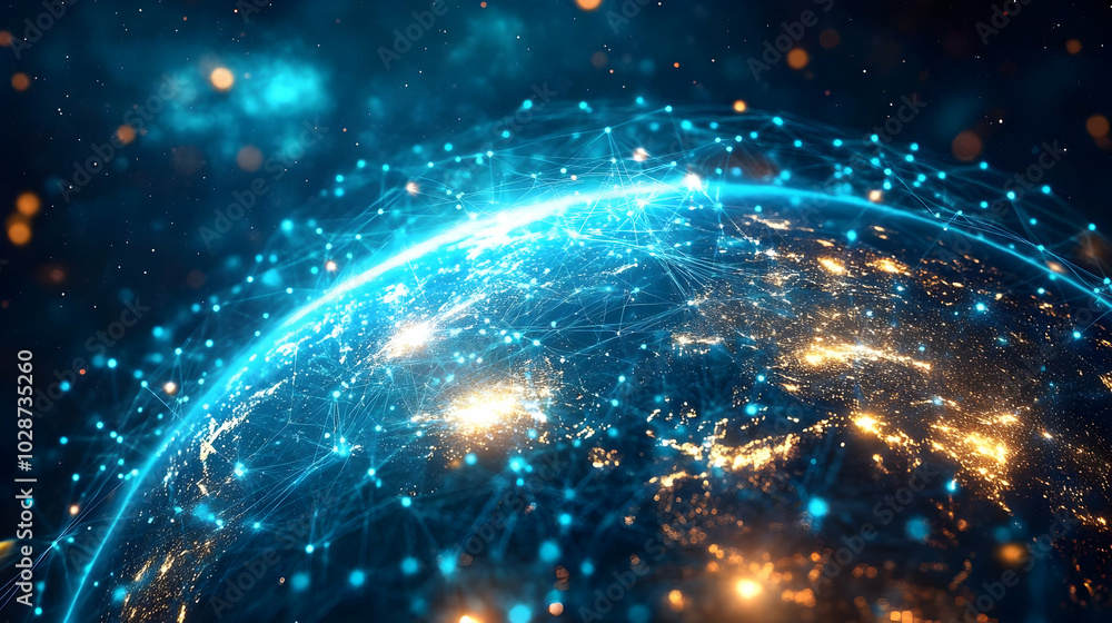 Poster digital representation of earth interconnected by networks.
