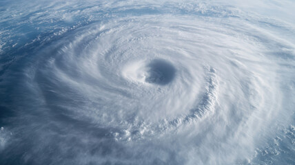 Aerial view of a powerful hurricane swirling over the ocean, showcasing intricate cloud patterns and a definitive eye in the center