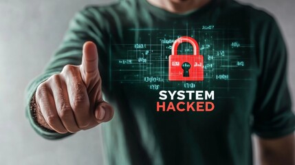 Cybersecurity breach alert: Futuristic digital interface displaying red lock icon and System Hacked warning, with human interaction

