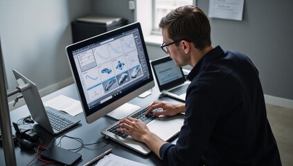 An Isometric Illustration depicts a Car Data Collector surrounded by Laptop  Devices