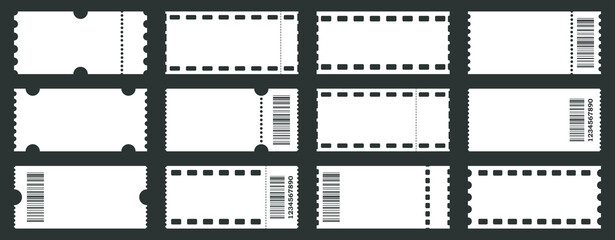 Set of ticket layouts. Realistic coupon template with barcodes. Vector.
