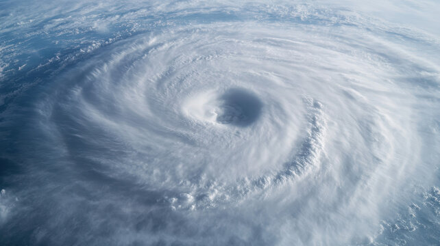 Aerial view of a powerful hurricane swirling over the ocean, showcasing intricate cloud patterns and a definitive eye in the center