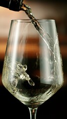 Close-up of white wine pouring into glass , freeze motion.