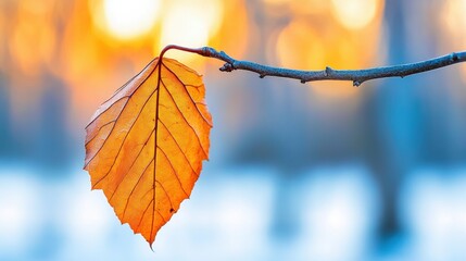 Obraz premium Golden autumn leaf hanging delicately from a branch against a blurred sunset backdrop, AI