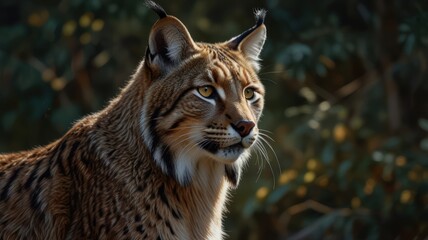 Obraz premium a lynx, its eyes gleaming with an intensity that belies its solitary nature. The fur patterned with spots, blends seamlessly with the dappled sunlight filtering through the forest canopy.