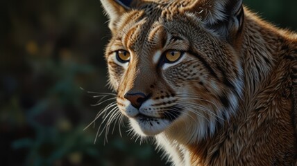 Fototapeta premium a lynx, its eyes gleaming with an intensity that belies its solitary nature. The fur patterned with spots, blends seamlessly with the dappled sunlight filtering through the forest canopy.
