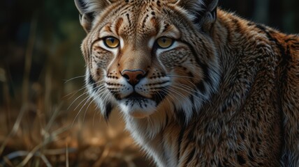 Naklejka premium a lynx, its eyes gleaming with an intensity that belies its solitary nature. The fur patterned with spots, blends seamlessly with the dappled sunlight filtering through the forest canopy.