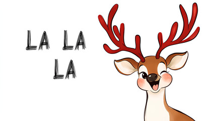 Cartoon deer with red antlers is smiling and saying "la la la" in a playful