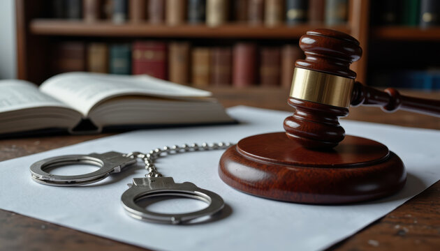 Close-up image of a judge's gavel and handcuffs resting on a legal document, symbolizing justice and law in a library setting. Represents authority and legal proceedings