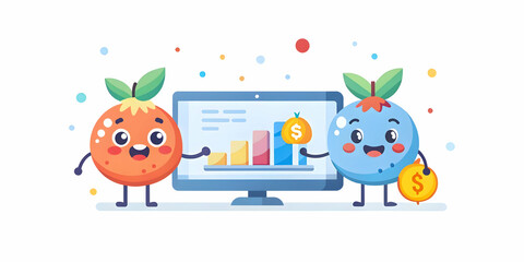 Fototapeta premium Two Vibrant Fruits Conducting Interactive Financial Workshops: Engaging Concepts with Soft Bokeh Background and Digital Elements for Stock Photos