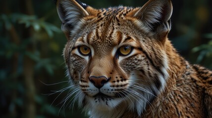 Obraz premium a lynx, its eyes gleaming with an intensity that belies its solitary nature. The fur patterned with spots, blends seamlessly with the dappled sunlight filtering through the forest canopy.
