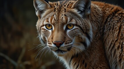 Obraz premium a lynx, its eyes gleaming with an intensity that belies its solitary nature. The fur patterned with spots, blends seamlessly with the dappled sunlight filtering through the forest canopy.