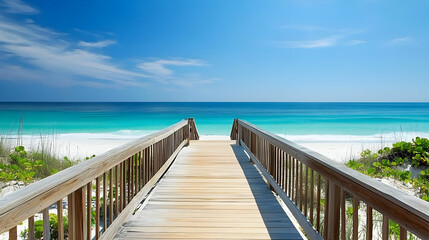 Obraz premium Scenic boardwalk leading to a tranquil beach and ocean view.