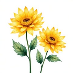 Two Yellow Sunflowers with Green Leaves on White Background